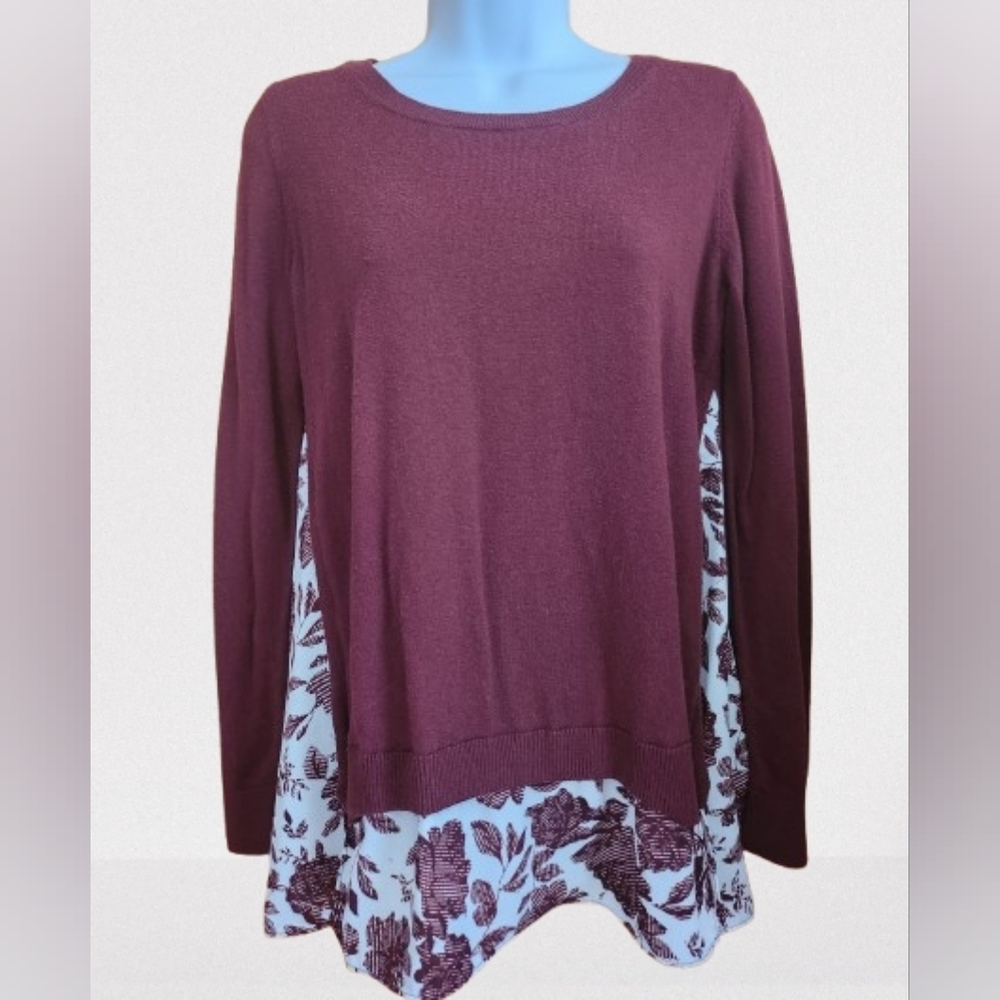 Ann Taylor Cotton Blend Maroon Floral Long Sleeve Top Size M